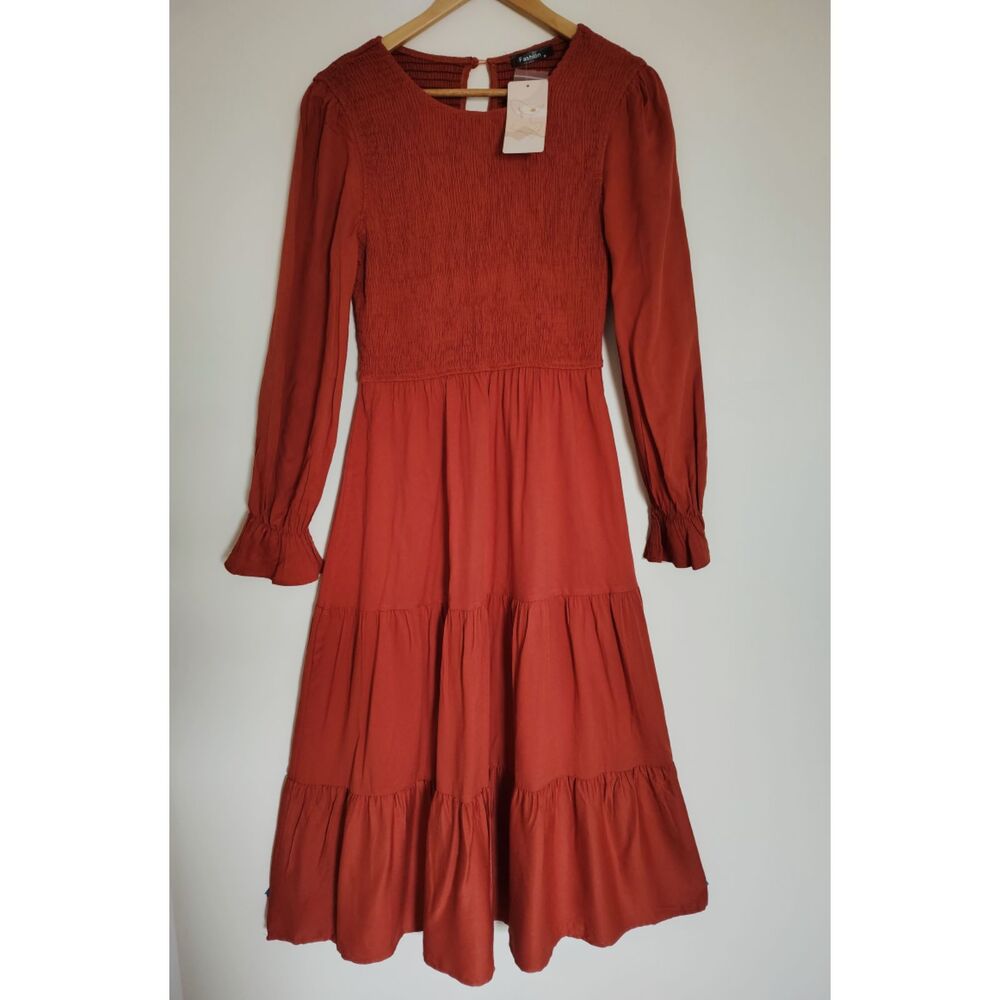 NWT Rust/Terracotta Dress Smocked Bodice Long Sleeve Prairiecore Cottagecore